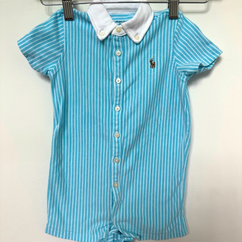 Cotton Mesh Polo Shortall. Aqua and white. Size 18M.
